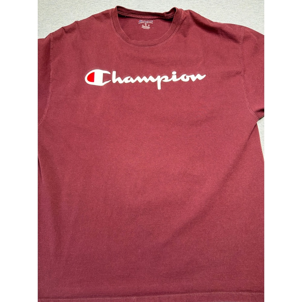🍁Champion Mens XL Maroon Burgundy Script Logo Short Sleeve Cotton T-Shirt - Picture 7 of 7